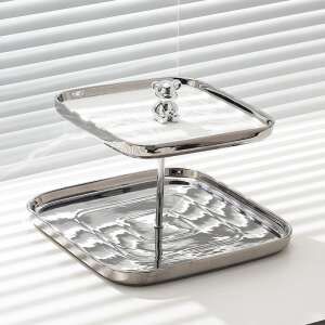 Two-tiered fruit serving tray with a satin finish, made of stainless steel and ceramic, with a bear figurine on top - Food storage