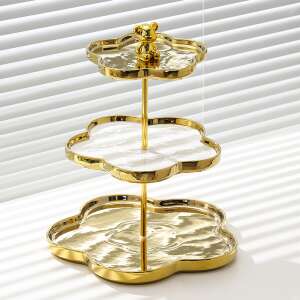 TRENDY’S gold 3-tier fruit serving tray with bear topper, flower shaped, gold and white, 30X15.5X20 CM - Food storage
