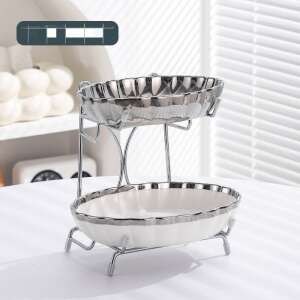 Two-tier fruit and snack serving tray with ceramic bowls and stainless steel stand, satin finish, 24 x 20 cm - Food storage