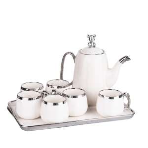 TRENDY’S 7-piece tea set, white porcelain teapot with bear lid, 6 cups and tray - Serving