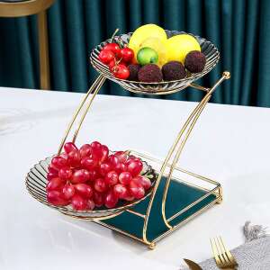 TRENDY’S two-tier fruit bowl, gold, with green ceramic bowls and stainless steel stand, perfect for serving fruit, snacks, or desserts - Food storage