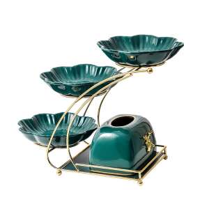 TRENDY’S three-tier fruit bowl stand with gold metal frame and green ceramic bowls, perfect for serving fruit, snacks, or desserts - Food storage