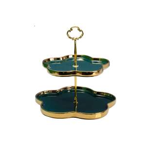 Green and gold ceramic two-tier serving tray, perfect for snacks, desserts, or fruit - Food storage