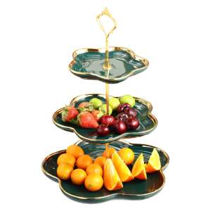 Zöld és arany háromszintes tálca, tökéletes gyümölcsök, snackek vagy desszertek bemutatására - Gyümölcskosár
