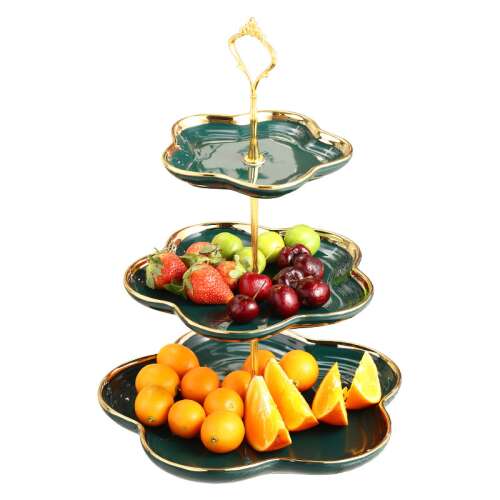 Zöld és arany háromszintes tálca, tökéletes gyümölcsök, snackek vagy desszertek bemutatására