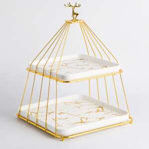 Two-tiered fruit tray, white and gold, with deer design, made of stainless steel and ceramic - Food storage