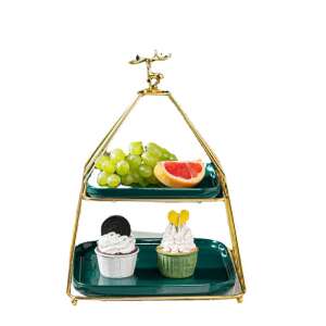 Green and gold two-tiered fruit and dessert serving stand with deer topper - Food storage