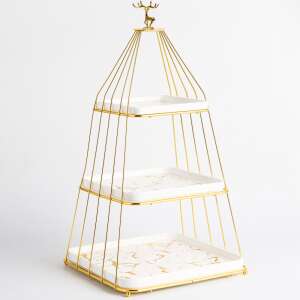 Three-tiered fruit serving tray with gold frame and white ceramic plates, featuring a deer figurine on top - Food storage