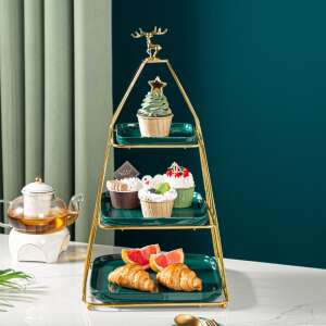 Green and gold three-tiered serving stand with deer topper, perfect for displaying desserts, snacks, or fruit - Food storage