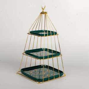 Three-tiered gold metal fruit stand with green ceramic trays, deer head ornament - Food storage