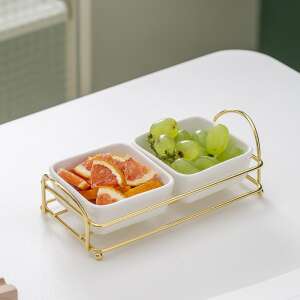 White ceramic fruit bowl with gold metal stand, two compartments, for serving fruit, snacks, or appetizers - Food storage
