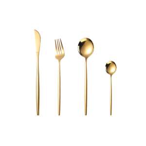 Set de tacâmuri TRENDY'S din 4 piese din oțel inoxidabil auriu: cuțit, furculiță, lingură, linguriță - Tacâmuri