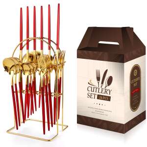 Set de tacâmuri din aur și roșu cu suport, 24 piese, marca TRENDY'S - Tacâmuri