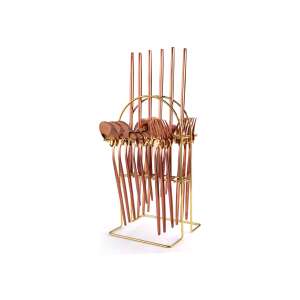 Set de tacâmuri TRENDY'S din oțel inoxidabil de 24 piese, auriu roz, cu suport - Tacâmuri