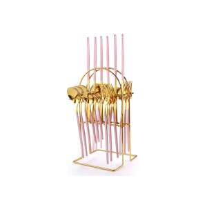 Set de tacâmuri TRENDY'S din oțel inoxidabil, 24 piese, roz-auriu, cu suport - Tacâmuri