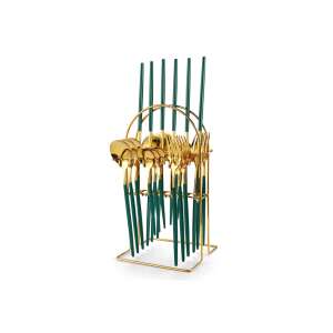 Set de tacâmuri Trendy's din oțel inoxidabil, 24 piese, cu suport, verde și auriu - Tacâmuri