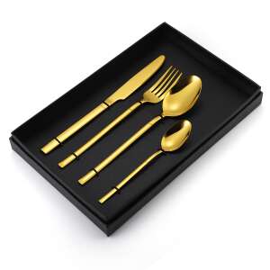 Set de tacâmuri TRENDY'S din oțel inoxidabil auriu, 4 piese, în cutie cadou neagră - Tacâmuri