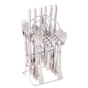 Set de tacâmuri TRENDY'S din oțel inoxidabil, 24 piese, cu suport, crom - Tacâmuri