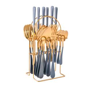 Set de tacâmuri TRENDY'S din oțel inoxidabil, 24 piese, cu suport, gri-auriu - Tacâmuri