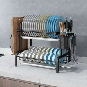 Black two-tier dish drying rack with cutlery holder, perfect for organizing your kitchen - Dish Rack