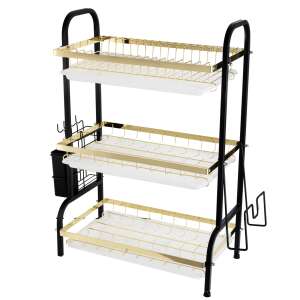 Trendy's mosogatórács két szinttel és evőeszköztartóval, fekete-arany, 42 X 23,5 X 61cm - Edényszárító