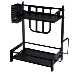 Black two-tiered kitchen storage rack with utensil holder, 32.5X20X40 CM - Dish Rack