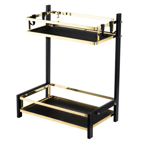 TRENDY S kétszintes tányértartó, fekete-arany, 32,5 x 20 x 40 cm, konyhai szervező, tányér szárító állvány, pulton álló tányértartó