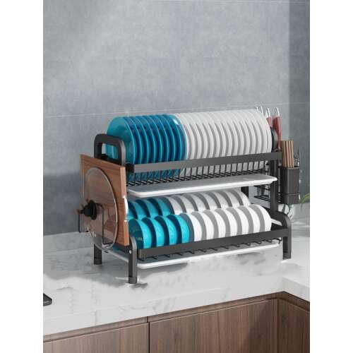 Black two-tier dish drying rack with cutlery holder and chopping board