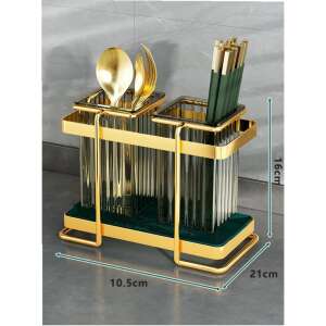 Gold cutlery holder with two glass containers, 10.5x21x16 cm - Storage & organization
