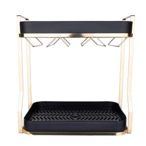 TRENDY'S 2 szintes fekete-arany konyhai szervező, borospohár tartóval és tálcával az edények szárításához, elülső nézet - Edényszárító