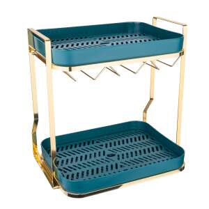TRENDY'S kitchen organizer, green and gold, 2 tier, with glass holder, for cups and tea set, on white background - Dish Rack