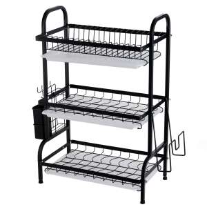Fekete edénytartó állvány 3 szinttel, evőeszköz tartóval és oldalsó polccal a tányérok szárításához - Edényszárító