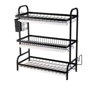 Black dish drying rack with 3 tiers, stainless steel, for kitchen countertop - Dish Rack