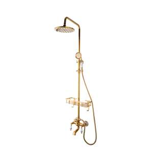 TRENDY S gold shower column with ceramic floral pattern, 3 functions, shower head, handheld shower, bathtub spout - Shower set