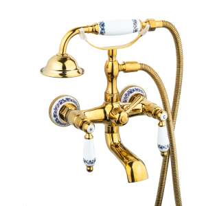 TRENDY'S arany színű falra szerelhető kádcsaptelep kerámia fogantyúval és zuhanyfejjel - Trendy S Csaptelep