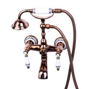 TRENDY'S falra szerelhető kádcsaptelep zuhannyal, rózsaszín arany színben, kerámia fogantyúkkal virágmintával - Trendy S Csaptelep