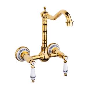 TRENDY'S arany konyhai csaptelep kerámia fogantyúkkal és virágmintával, falra szerelhető - Trendy S Csaptelep