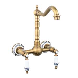 TRENDY'S falra szerelhető konyhai csaptelep, hattyú típusú, antik bronz kerámia virágmintával - Trendy S Csaptelep