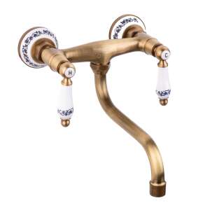 TRENDY'S konyhai csaptelep, falra szerelhető, antikolt bronz, kerámia fogantyúkkal, kék-fehér virágmintával - Trendy S Csaptelep
