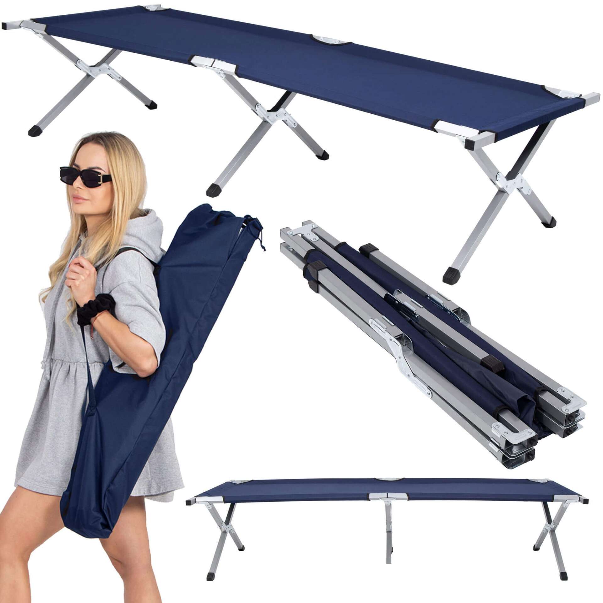 Springos összecsukható Kempingágy - Kék, Szürke