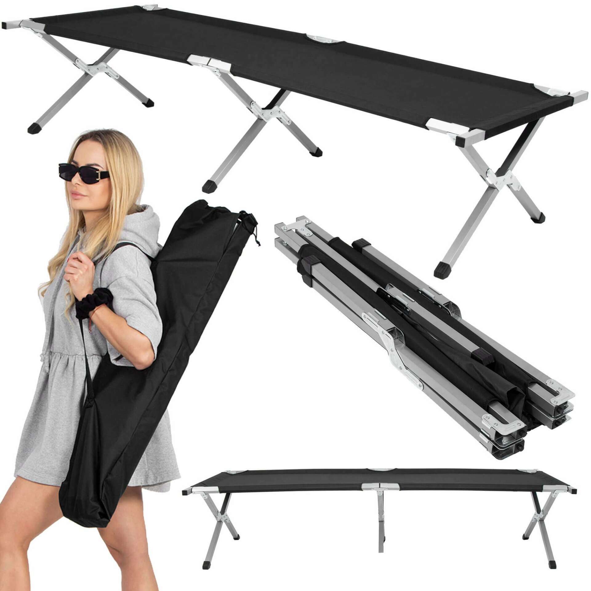 Springos összecsukható Kempingágy - Fekete, Szürke