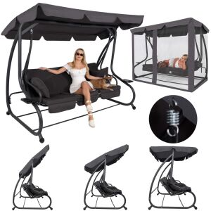 Koláž záhradnej hojdačky Springos s moskytiérou, žena a pes relaxujú - Záhradný nábytok