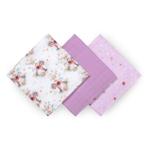 BabyOno bamboo muslin squares, 3-pack, purple tones, rocking horse print