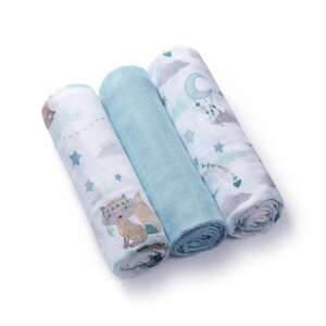 BabyOno 3er Pack Bambus-Musselin-Swaddles, hellblau mit Fuchs- und Sternenmuster - Mullwindeln