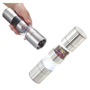 Râșniță de sare și piper cu două camere Aptel în mână, umplută cu sare și boabe de piper - Depozitare și organizare