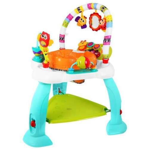 Colorful baby jumper with activity center, piano, spinning ball, and pyramid toy