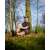 Férfi fekete pólóban, camo mintával és Fox logóval az elején, erdőben ülve