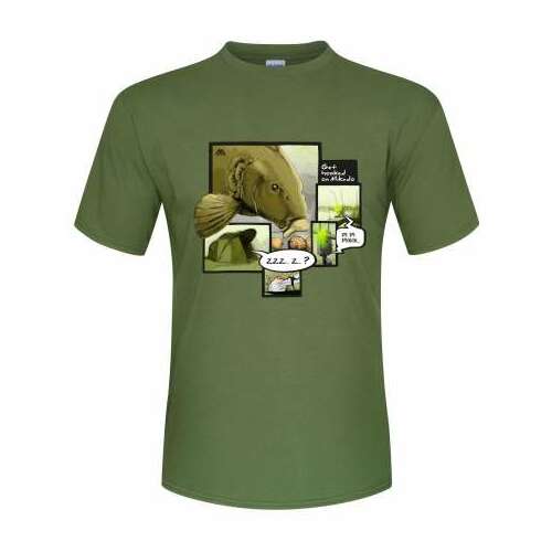 Mikado ponty harapás horgász póló, S méret, zöld, rajta egy ponty rajzfilm