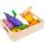 Wooden toy vegetable set with knife, includes carrot, eggplant, onion, potato, zucchini, and radish, in a wooden crate