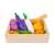 Wooden toy vegetable set with knife, includes carrot, eggplant, onion, potato, zucchini, and radish, in a wooden crate